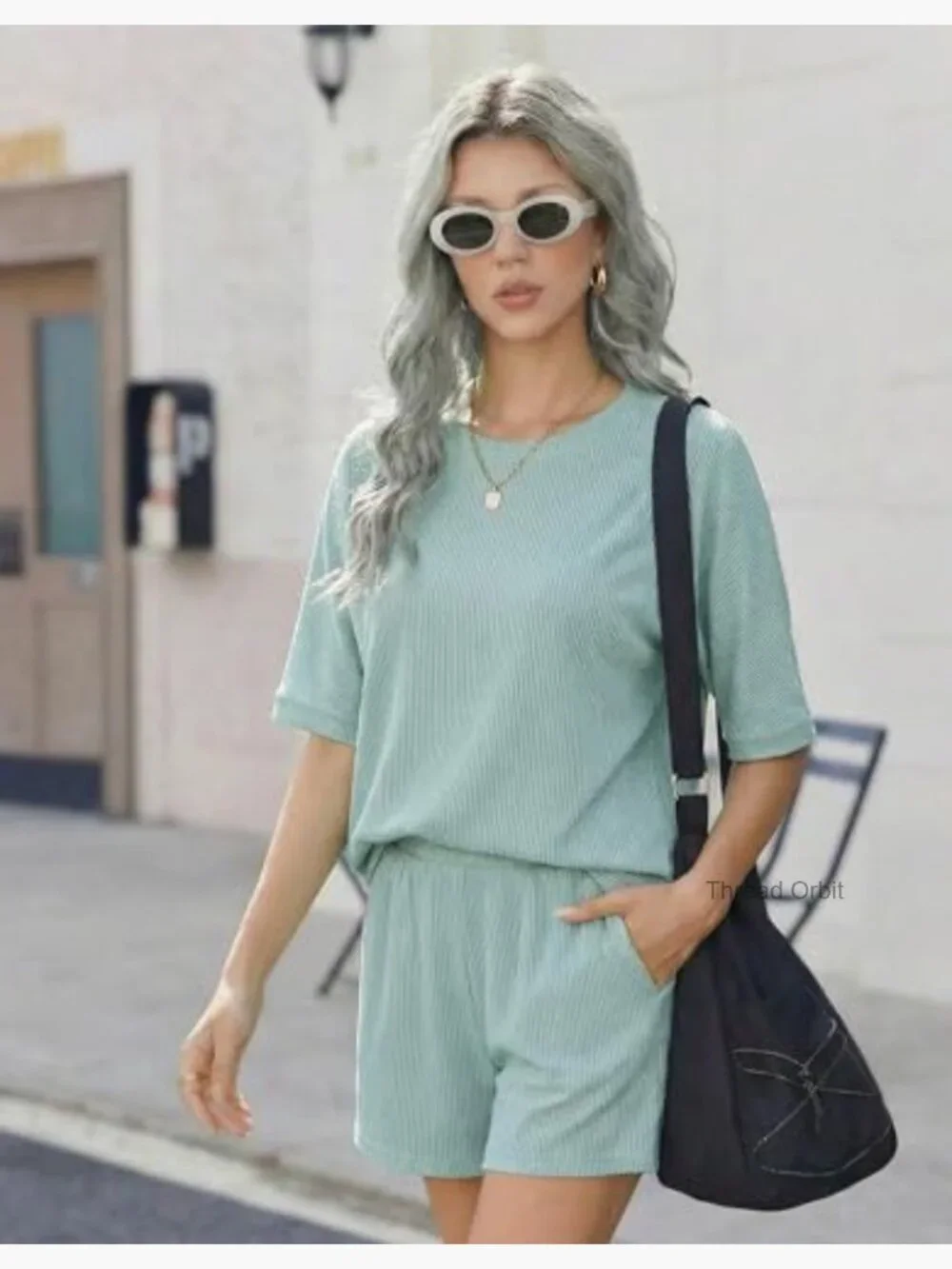 2 Piece Lounge Set Ribbed Short Sleeve Matching Shorts